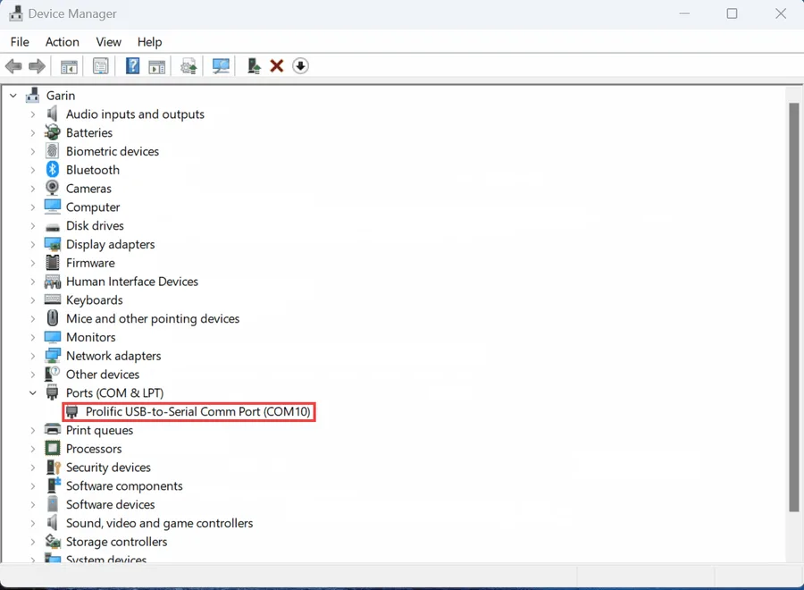 Device Manager now shows Prolific USB-to-Serial Comm Port (COM10)